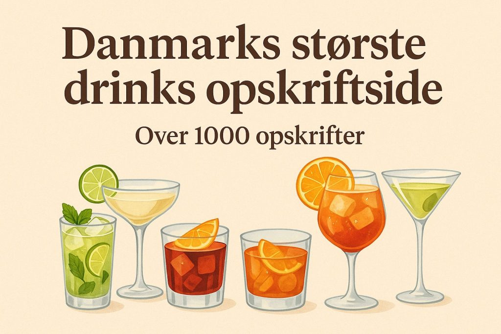 Assorteret udvalg af farverige cocktails i forskellige glas – repræsenterer drinksopskrifter fra Drinksdatabasen.