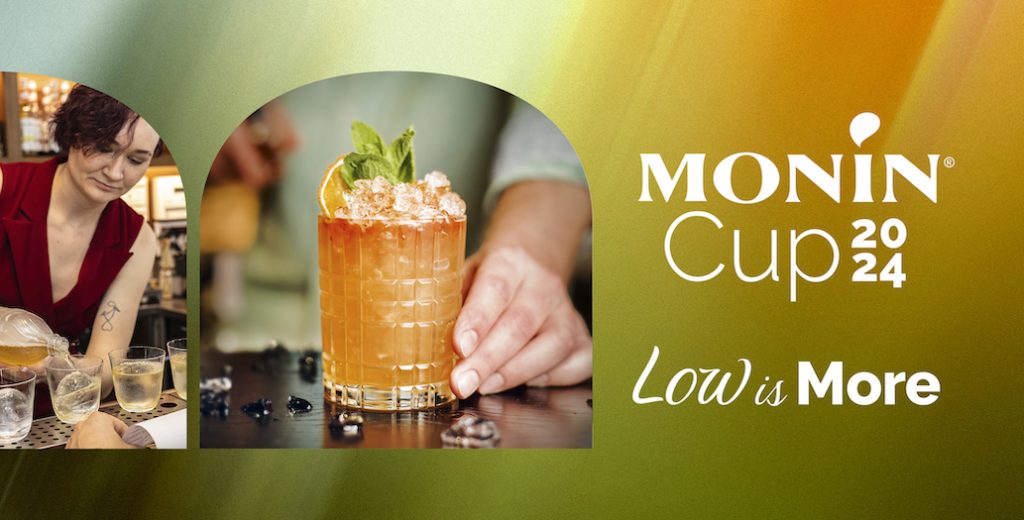 Webbanner for MONIN Cup Denmark 2024 med farverigt design og information om bartenderkonkurrence.