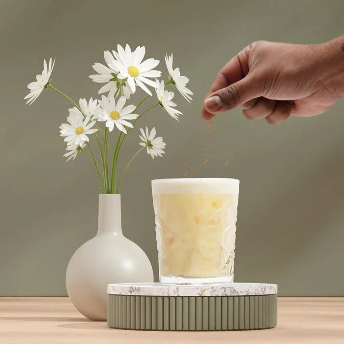 Bourbon Vanilla Chai Eggnog serveret i et glas med kanelstang og stjernanis – en cremet, vinterlig drink med varme krydderier og fyldig farve.