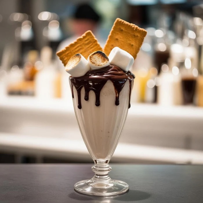 S’mores Frappé toppet med flødeskum, mini-skumfiduser og chokoladesauce – en cremet og sød iskaffe-inspireret dessertdrink.