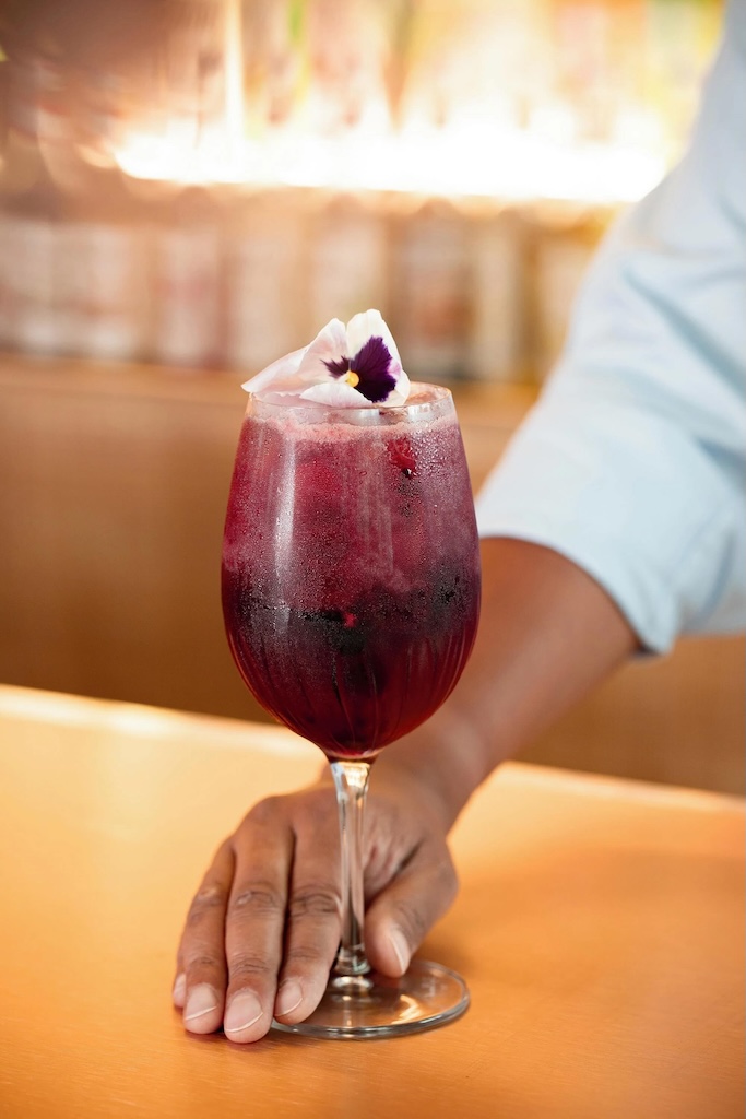 Solbær Spritz serveret i vinglas med isterninger, mørkelilla nuance og frisk garnering – en frugtig og forfriskende sommerdrink.